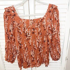 Garnet Hill Boxy Ruffle Orange Floral Square Neck Blouse Medium